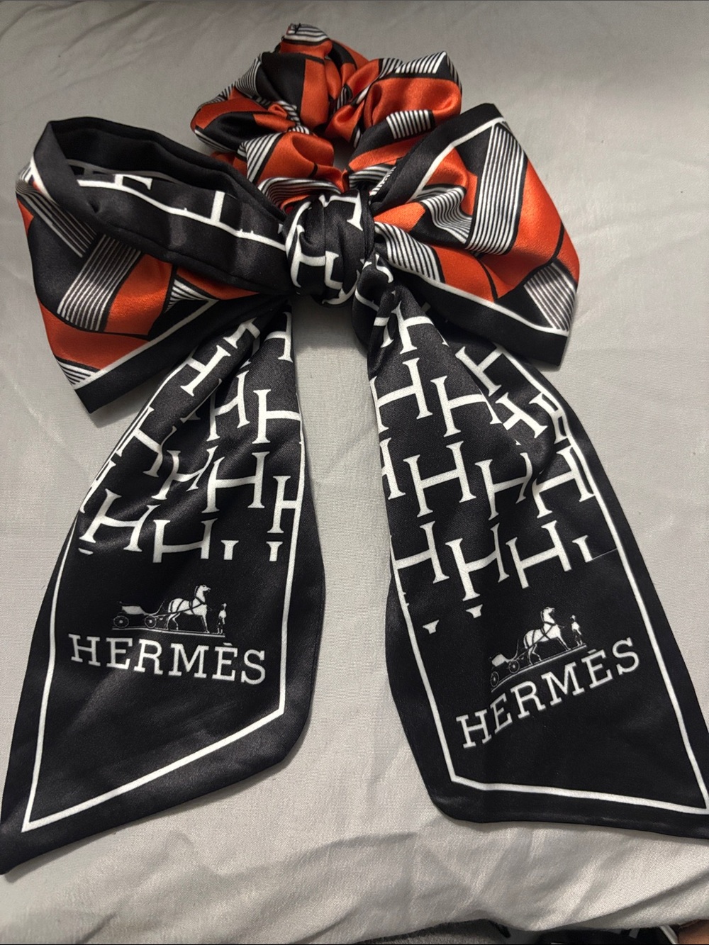 Hermes Reversible Black & Orange Silk Bow Scarf Scrunchie